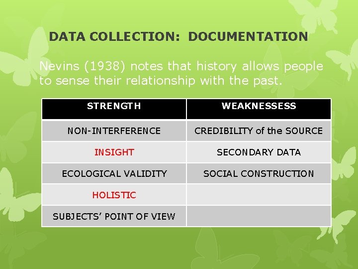 DATA COLLECTION: DOCUMENTATION Nevins (1938) notes that history allows people to sense their relationship