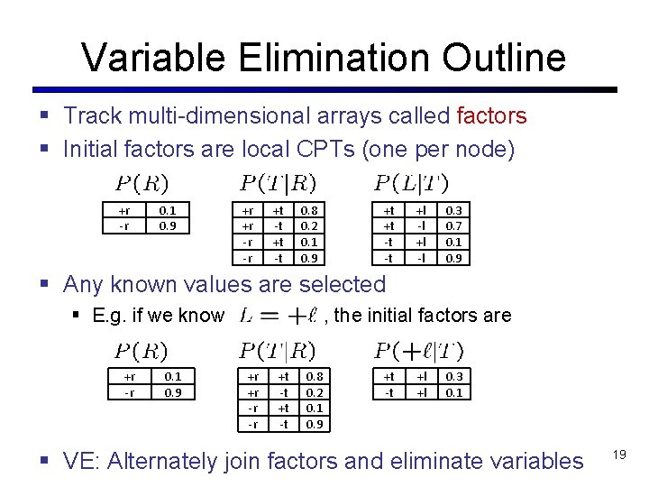 Variable Elimination Outline § Track multi-dimensional arrays called factors § Initial factors are local