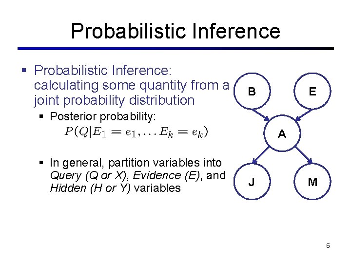 Probabilistic Inference § Probabilistic Inference: calculating some quantity from a joint probability distribution B