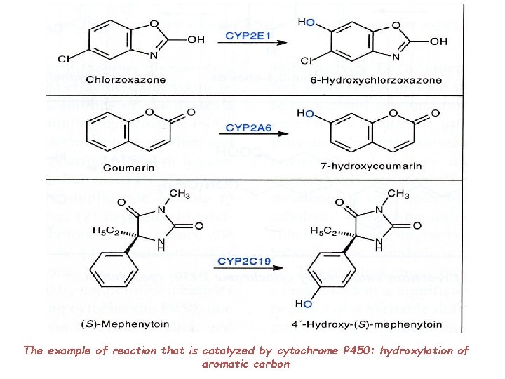 The example of reaction that is catalyzed by cytochrome P 450: hydroxylation of aromatic