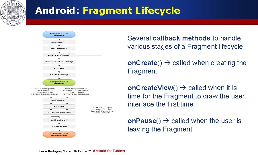 Android: Fragment Lifecycle Several callback methods to handle various stages of a Fragment lifecycle: