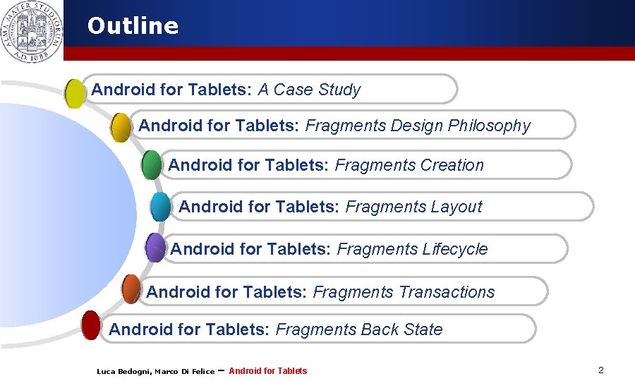 Outline Android for Tablets: A Case Study Android for Tablets: Fragments Design Philosophy Android