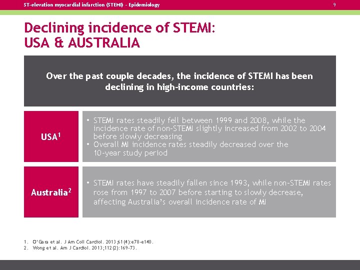 ST-elevation myocardial infarction (STEMI) – Epidemiology Declining incidence of STEMI: USA & AUSTRALIA Over