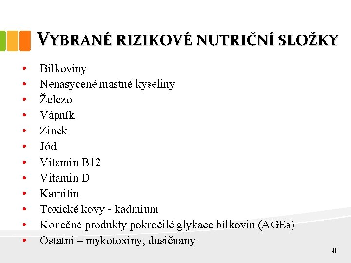 VYBRANÉ RIZIKOVÉ NUTRIČNÍ SLOŽKY • • • Bílkoviny Nenasycené mastné kyseliny Železo Vápník Zinek