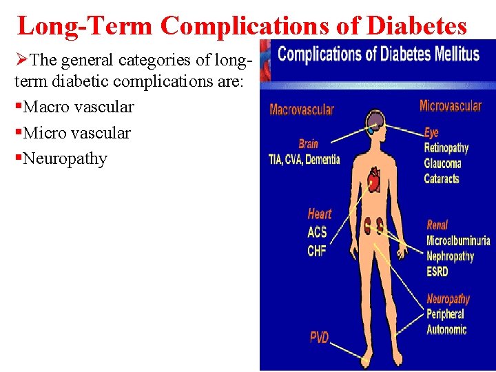 Long-Term Complications of Diabetes ØThe general categories of longterm diabetic complications are: §Macro vascular