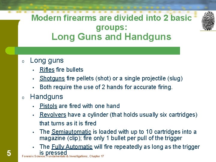 Modern firearms are divided into 2 basic groups: Long Guns and Handguns o Long