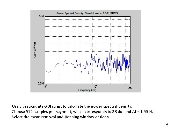 Exercise 1 Vibrationdata 500 Use vibrationdata GUI script to calculate the power spectral density.