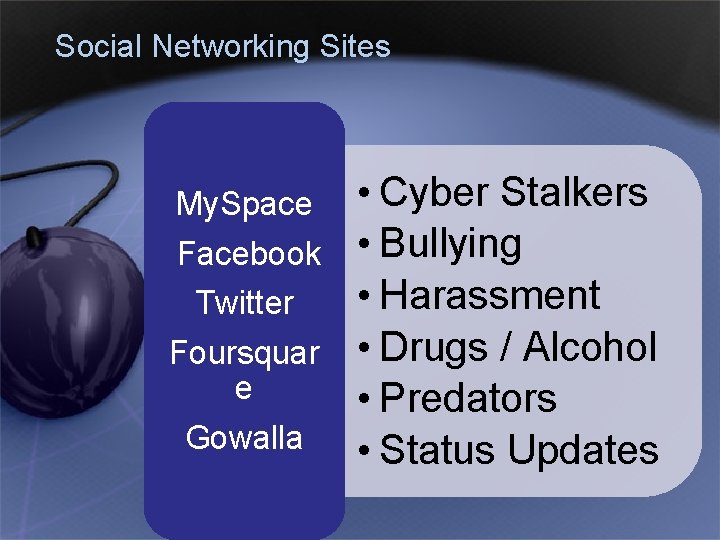Social Networking Sites My. Space Facebook Twitter Foursquar e Gowalla • Cyber Stalkers •