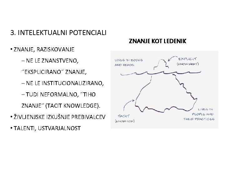  3. INTELEKTUALNI POTENCIALI ZNANJE KOT LEDENIK • ZNANJE, RAZISKOVANJE – NE LE ZNANSTVENO,