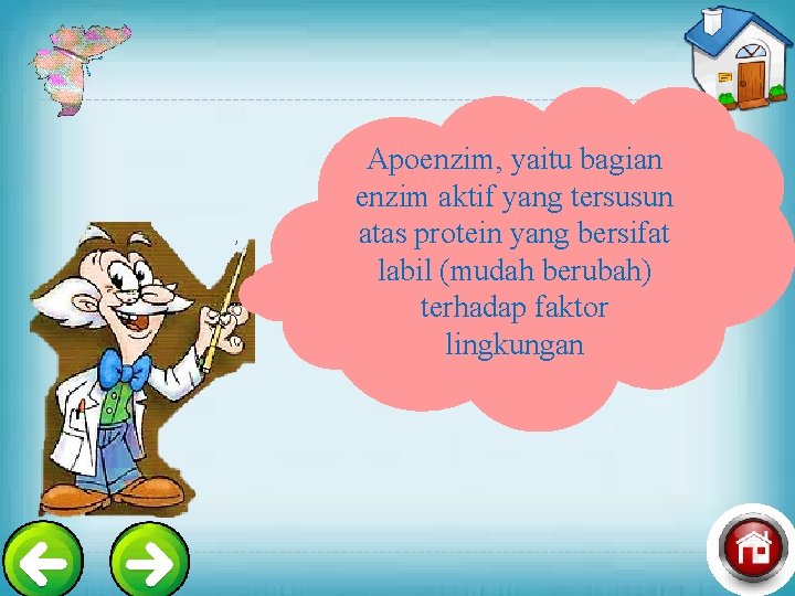 Apoenzim, yaitu bagian enzim aktif yang tersusun atas protein yang bersifat labil (mudah berubah)