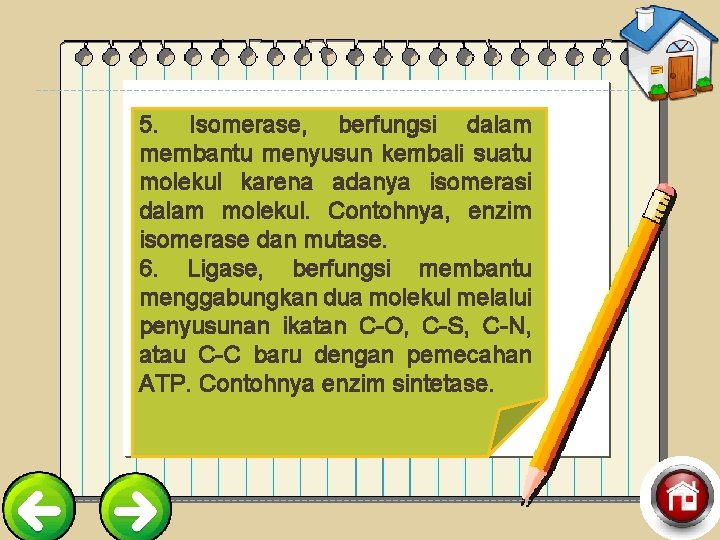 5. Isomerase, berfungsi dalam membantu menyusun kembali suatu molekul karena adanya isomerasi dalam molekul.