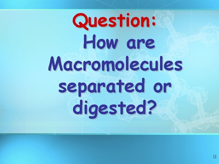 Question: How are Macromolecules separated or digested? 11 