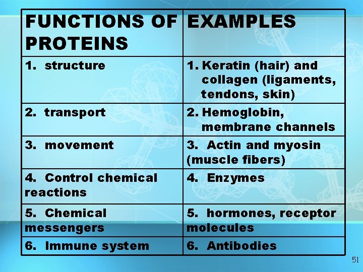 FUNCTIONS OF EXAMPLES PROTEINS 1. structure 2. transport 3. movement 4. Control chemical reactions FUNCTIONS OF EXAMPLES PROTEINS 1. structure 2. transport 3. movement 4. Control chemical reactions