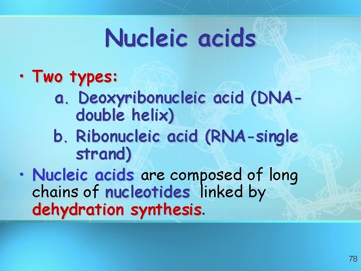 Nucleic acids • Two types: a. Deoxyribonucleic acid (DNAdouble helix) b. Ribonucleic acid (RNA-single Nucleic acids • Two types: a. Deoxyribonucleic acid (DNAdouble helix) b. Ribonucleic acid (RNA-single