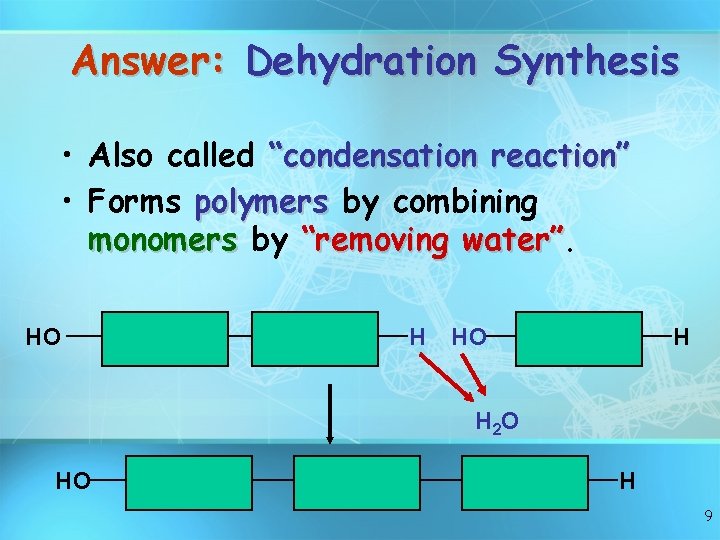 Answer: Dehydration Synthesis • Also called “condensation reaction” • Forms polymers by combining monomers Answer: Dehydration Synthesis • Also called “condensation reaction” • Forms polymers by combining monomers