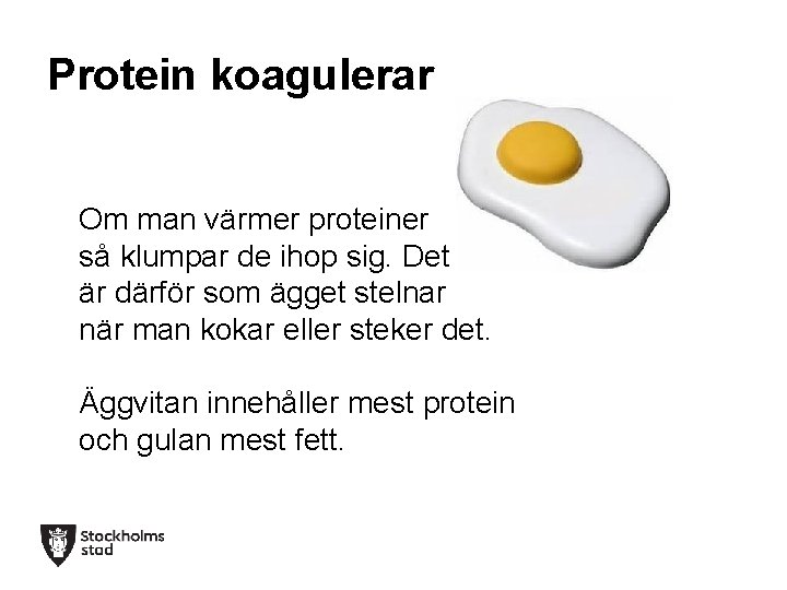 Protein koagulerar Om man värmer proteiner så klumpar de ihop sig. Det är därför