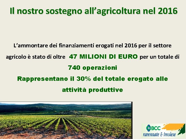 Il nostro sostegno all’agricoltura nel 2016 L’ammontare dei finanziamenti erogati nel 2016 per il