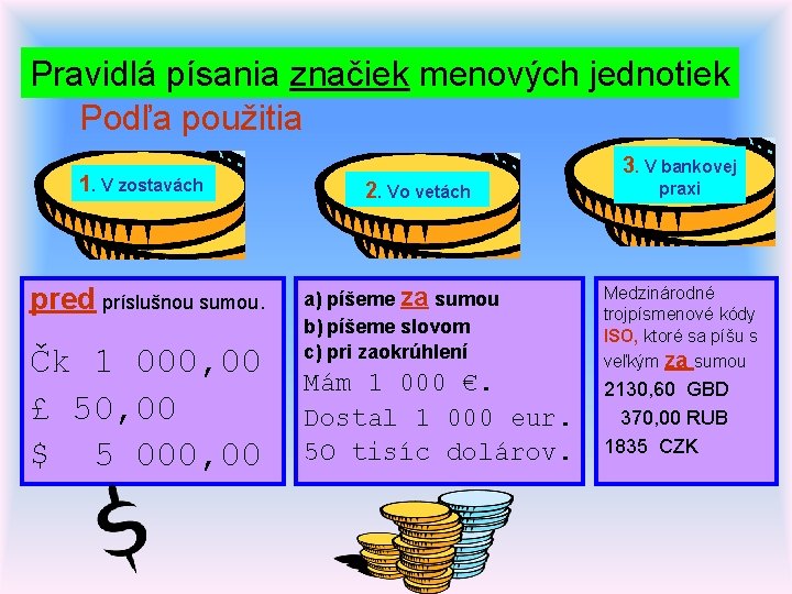 Pravidlá písania značiek menových jednotiek Podľa použitia 1. V zostavách pred príslušnou sumou. Čk