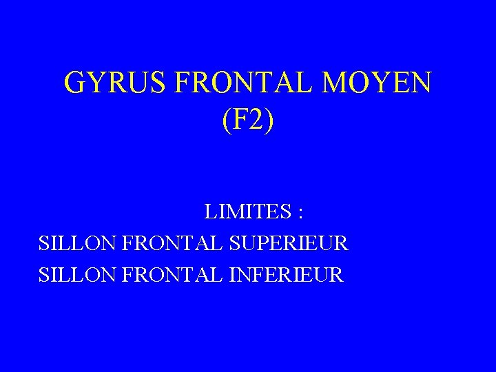 GYRUS FRONTAL MOYEN (F 2) LIMITES : SILLON FRONTAL SUPERIEUR SILLON FRONTAL INFERIEUR 