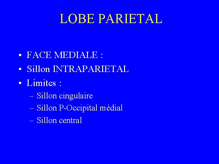 LOBE PARIETAL • FACE MEDIALE : • Sillon INTRAPARIETAL • Limites : – Sillon