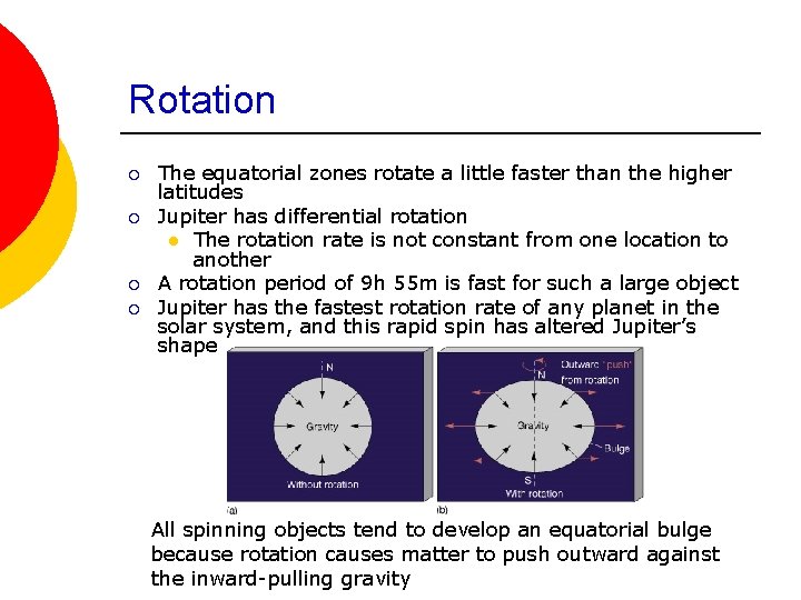 Rotation ¡ ¡ The equatorial zones rotate a little faster than the higher latitudes