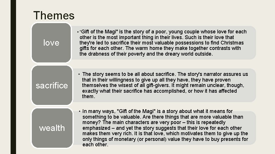 Themes • "Gift of the Magi" is the story of a poor, young couple