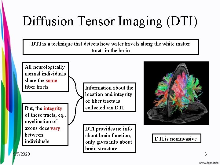 Diffusion Tensor Imaging (DTI) DTI is a technique that detects how water travels along