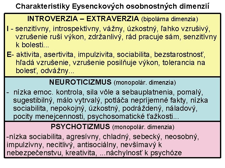 Charakteristiky Eysenckových osobnostných dimenzií INTROVERZIA – EXTRAVERZIA (bipolárna dimenzia) I - senzitívny, introspektívny, vážny,