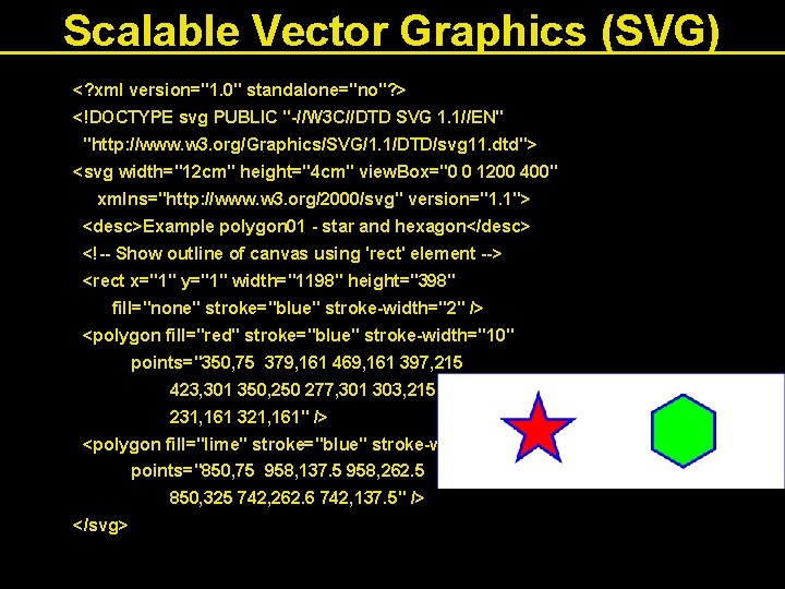 Scalable Vector Graphics (SVG) <? xml version="1. 0" standalone="no"? > <!DOCTYPE svg PUBLIC "-//W