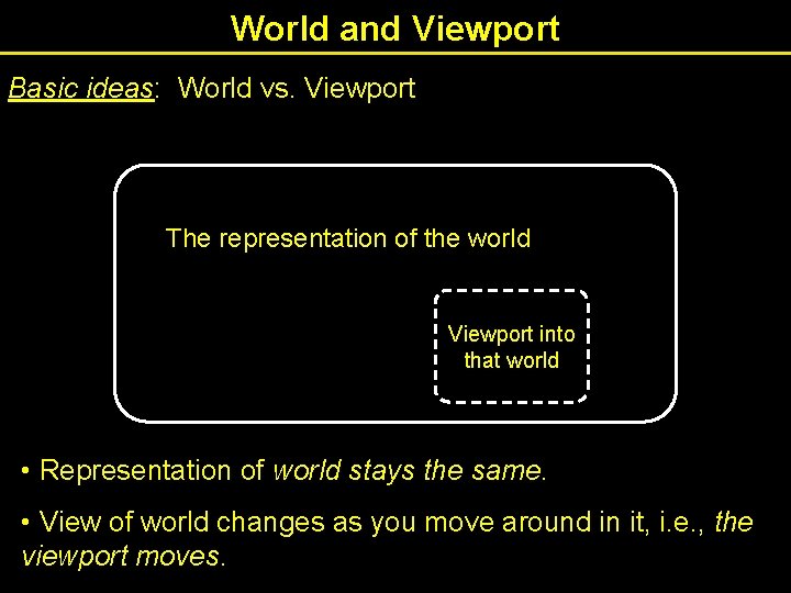 World and Viewport Basic ideas: World vs. Viewport The representation of the world Viewport