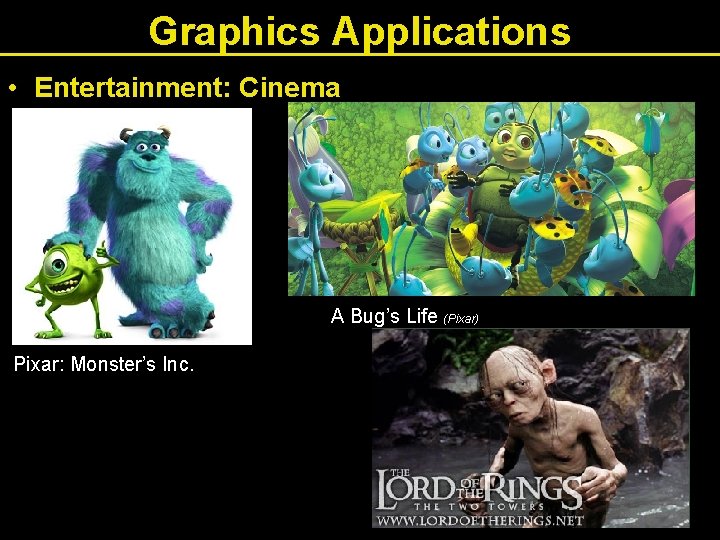 Graphics Applications • Entertainment: Cinema A Bug’s Life (Pixar) Pixar: Monster’s Inc. 