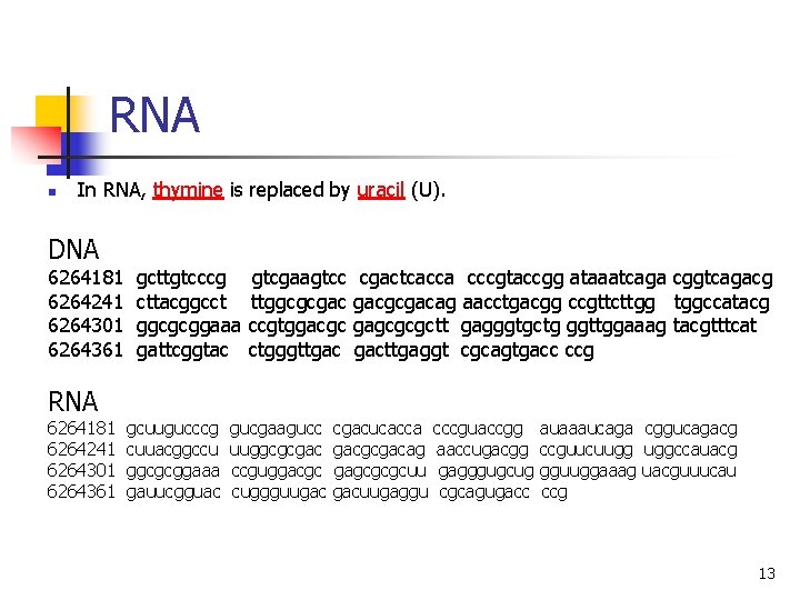 RNA n In RNA, thymine is replaced by uracil (U). DNA 6264181 gcttgtcccg gtcgaagtcc