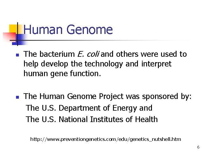  Human Genome n The bacterium E. coli and others were used to help