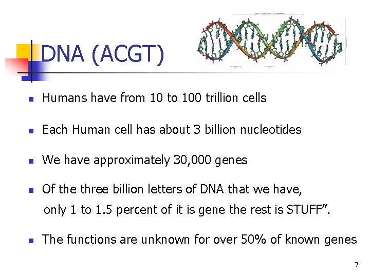 DNA (ACGT) n Humans have from 10 to 100 trillion cells n Each Human