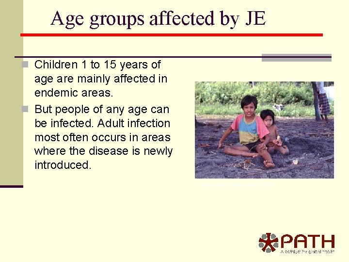 Age groups affected by JE n Children 1 to 15 years of age are