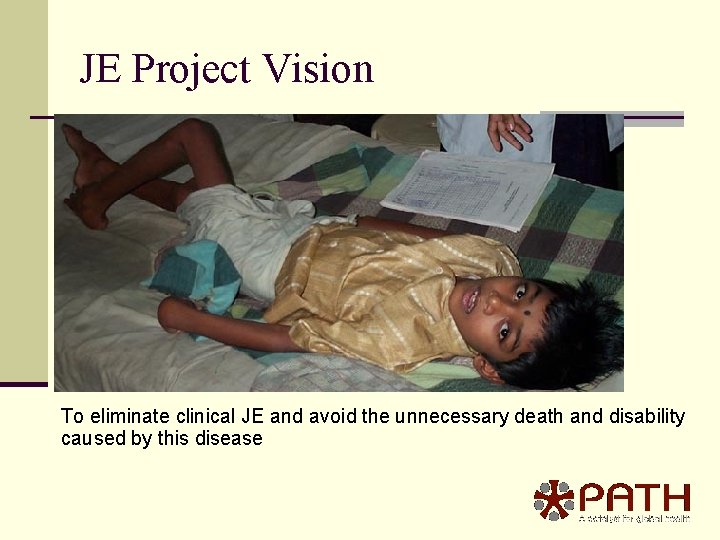 JE Project Vision To eliminate clinical JE and avoid the unnecessary death and disability