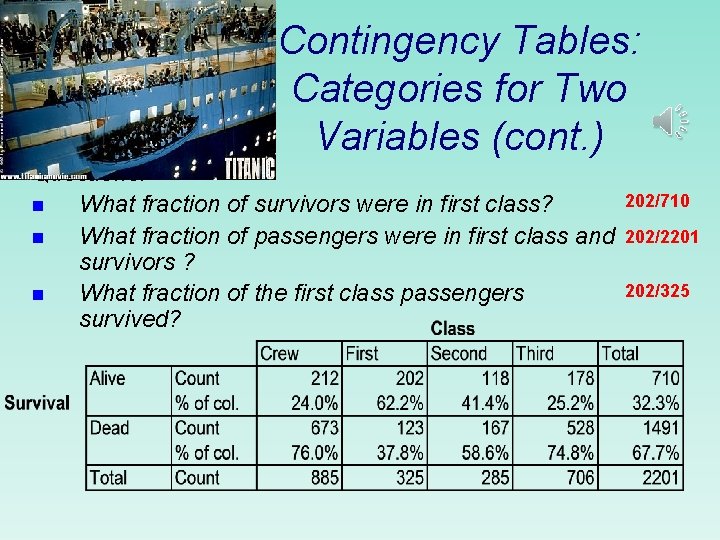 Contingency Tables: Categories for Two Variables (cont. ) Questions: n What fraction of survivors Contingency Tables: Categories for Two Variables (cont. ) Questions: n What fraction of survivors