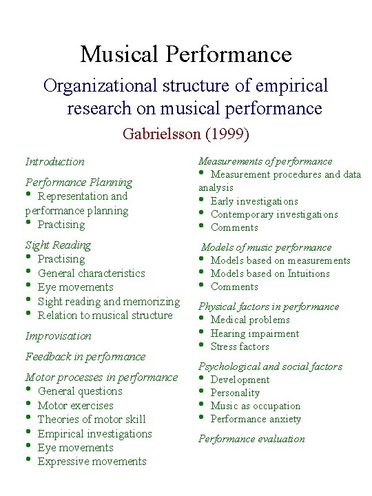 Musical Performance Organizational structure of empirical research on musical performance Gabrielsson (1999) Introduction Performance