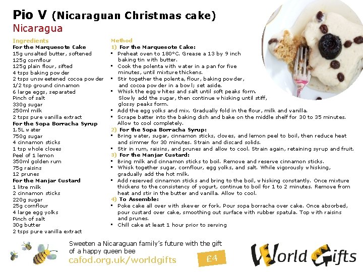 Pio V (Nicaraguan Christmas cake) Nicaragua Ingredients For the Marquesote Cake 15 g unsalted