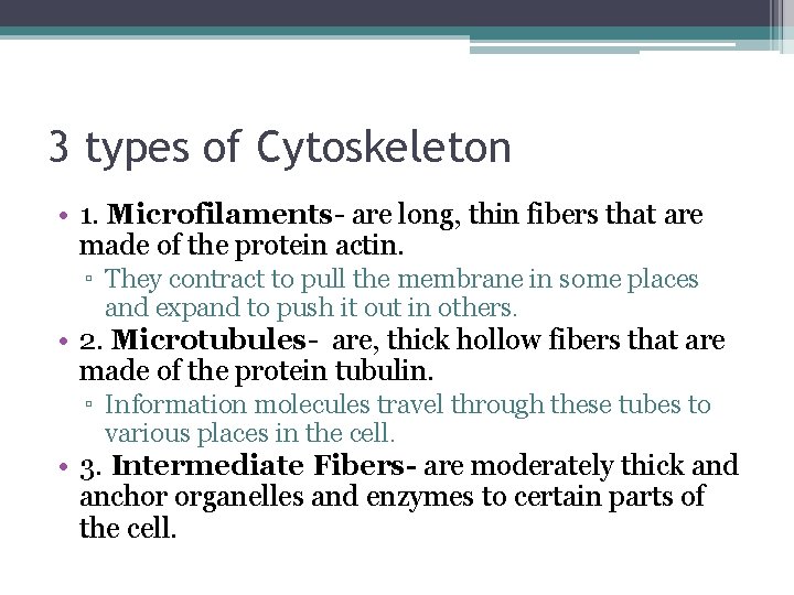 3 types of Cytoskeleton • 1. Microfilaments- are long, thin fibers that are made 3 types of Cytoskeleton • 1. Microfilaments- are long, thin fibers that are made