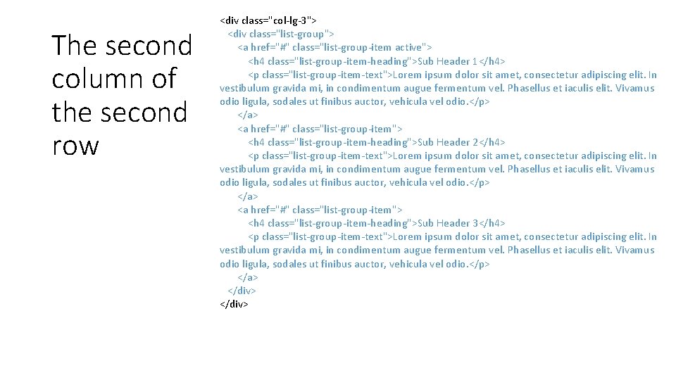 The second column of the second row <div class="col-lg-3"> <div class="list-group"> <a href="#" class="list-group-item