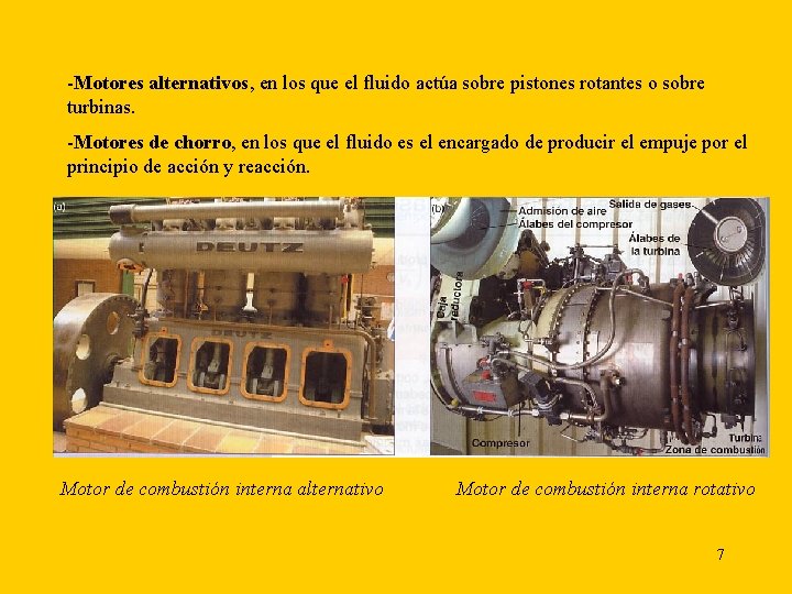 -Motores alternativos, en los que el fluido actúa sobre pistones rotantes o sobre turbinas.