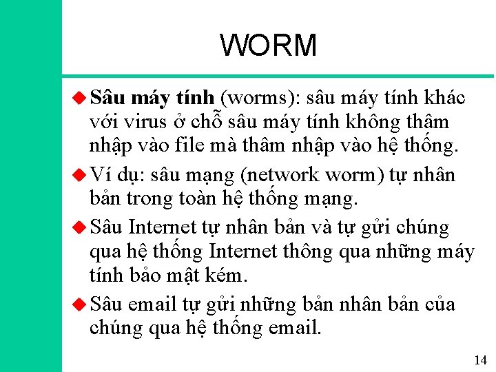 WORM u Sâu máy tính (worms): sâu máy tính khác với virus ở chỗ