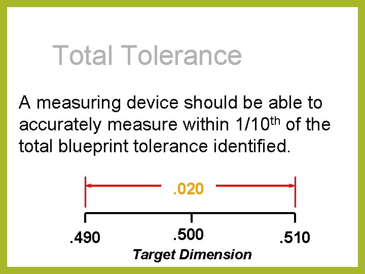 Total Tolerance A measuring device should be able to accurately measure within 1/10 th