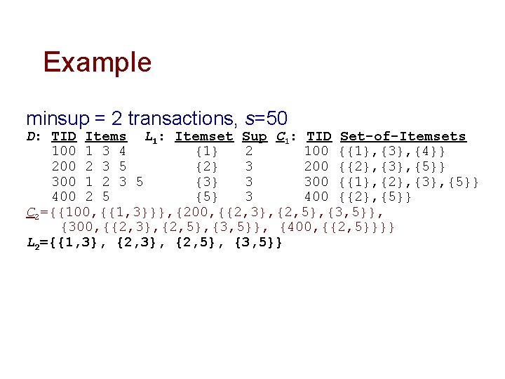 Example minsup = 2 transactions, s=50 D: TID Items L 1: Itemset Sup C Example minsup = 2 transactions, s=50 D: TID Items L 1: Itemset Sup C