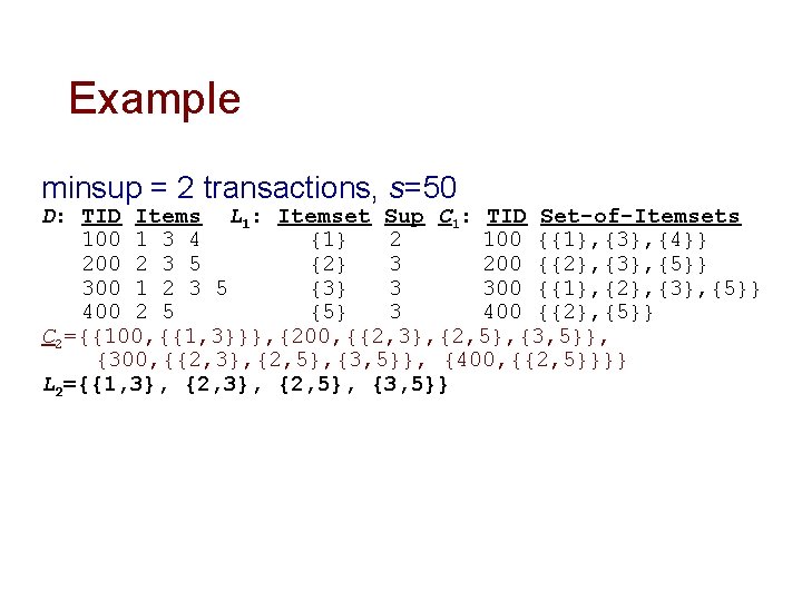 Example minsup = 2 transactions, s=50 D: TID Items L 1: Itemset Sup C