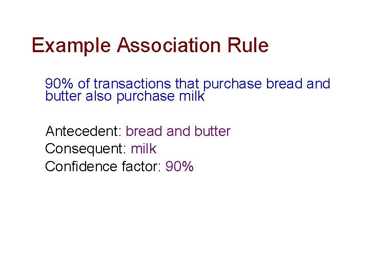 Example Association Rule 90% of transactions that purchase bread and butter also purchase milk Example Association Rule 90% of transactions that purchase bread and butter also purchase milk