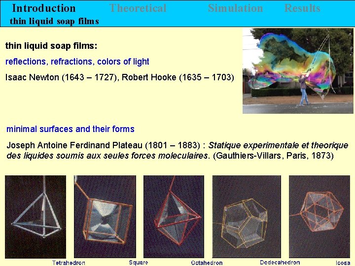 Introduction Theoretical Simulation Results thin liquid soap films: reflections, refractions, colors of light Isaac