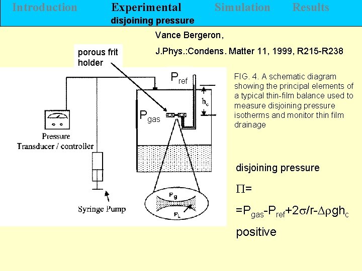 Introduction Experimental Simulation Results disjoining pressure Vance Bergeron, porous frit holder J. Phys. :