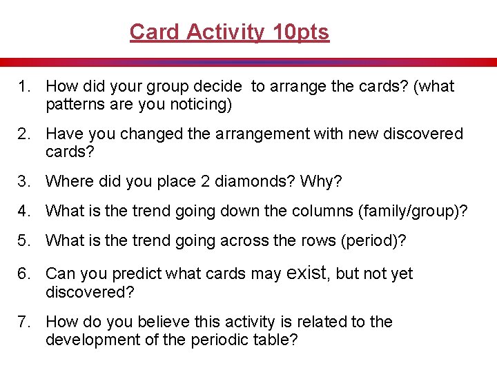 Card Activity 10 pts 1. How did your group decide to arrange the cards?
